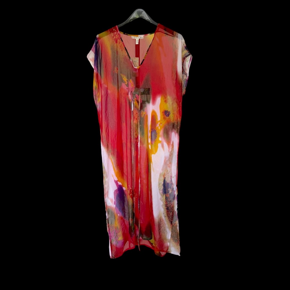 Michael Stars Pastel Gardens Coverup Kaftan Red Abstract Watercolor MS20955 OS‎
